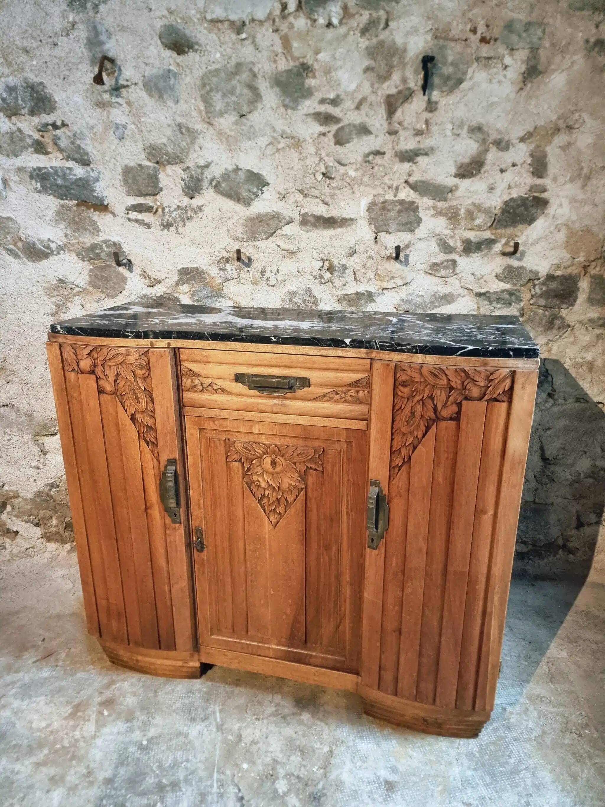 French Art Deco walnut sideboard with marble top, 1920s