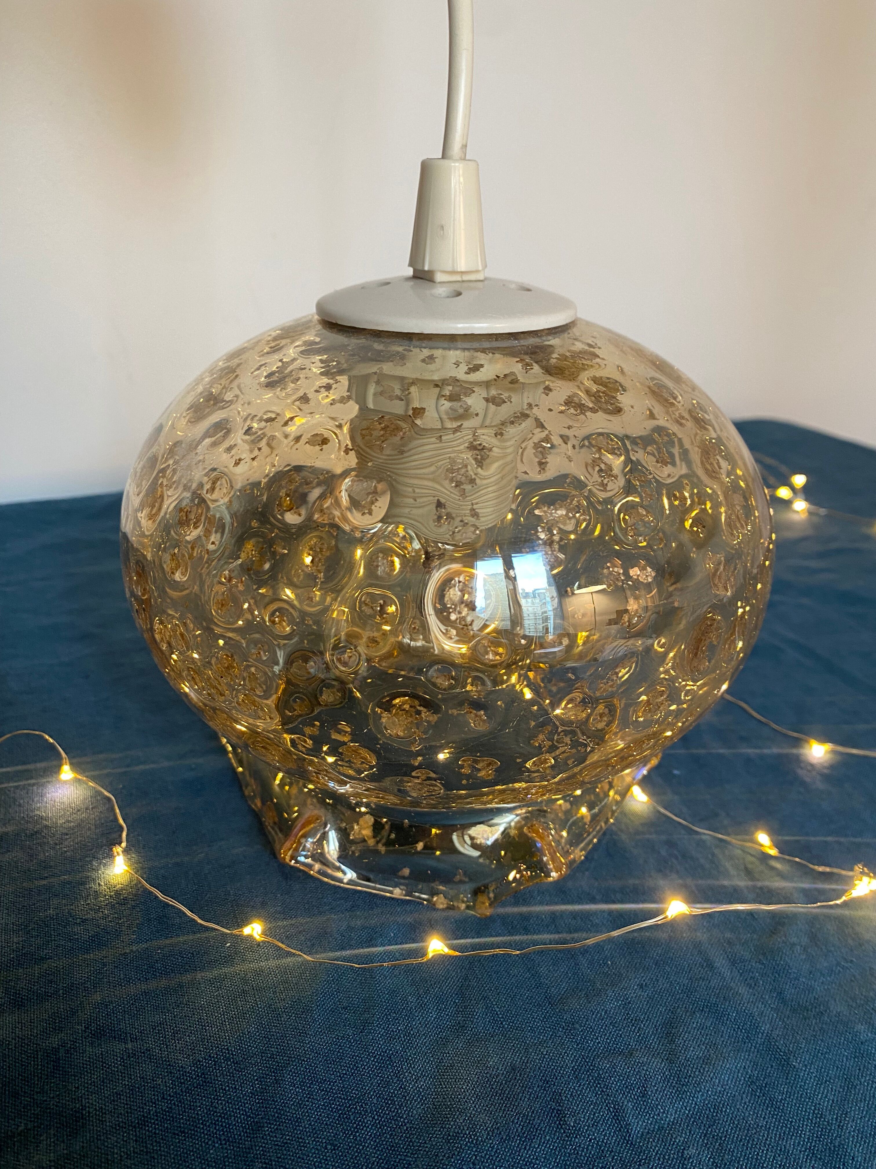 Blown glass pendant lamp with bubbles - 70s