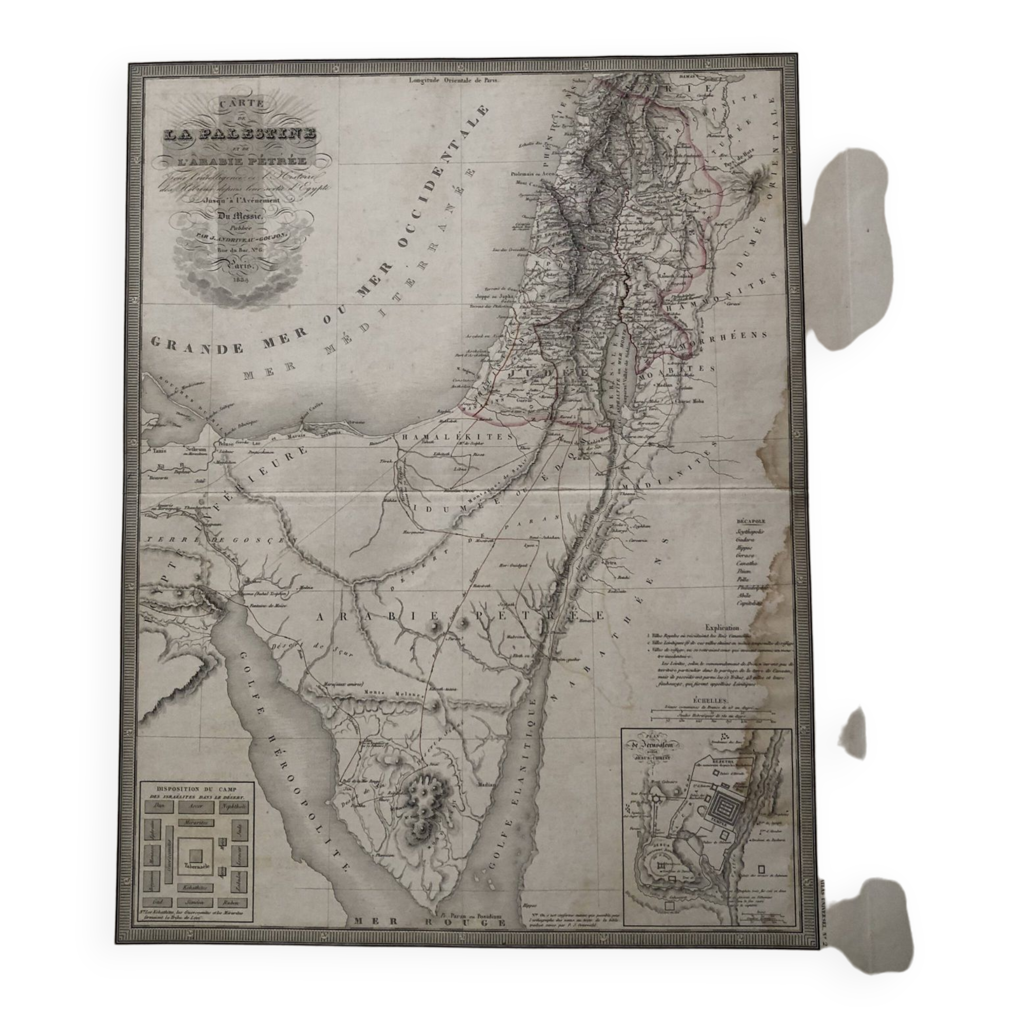 Large atlas map 1834 palestine & arabia petree by andriveau-goujon, history of the hebrews, plan