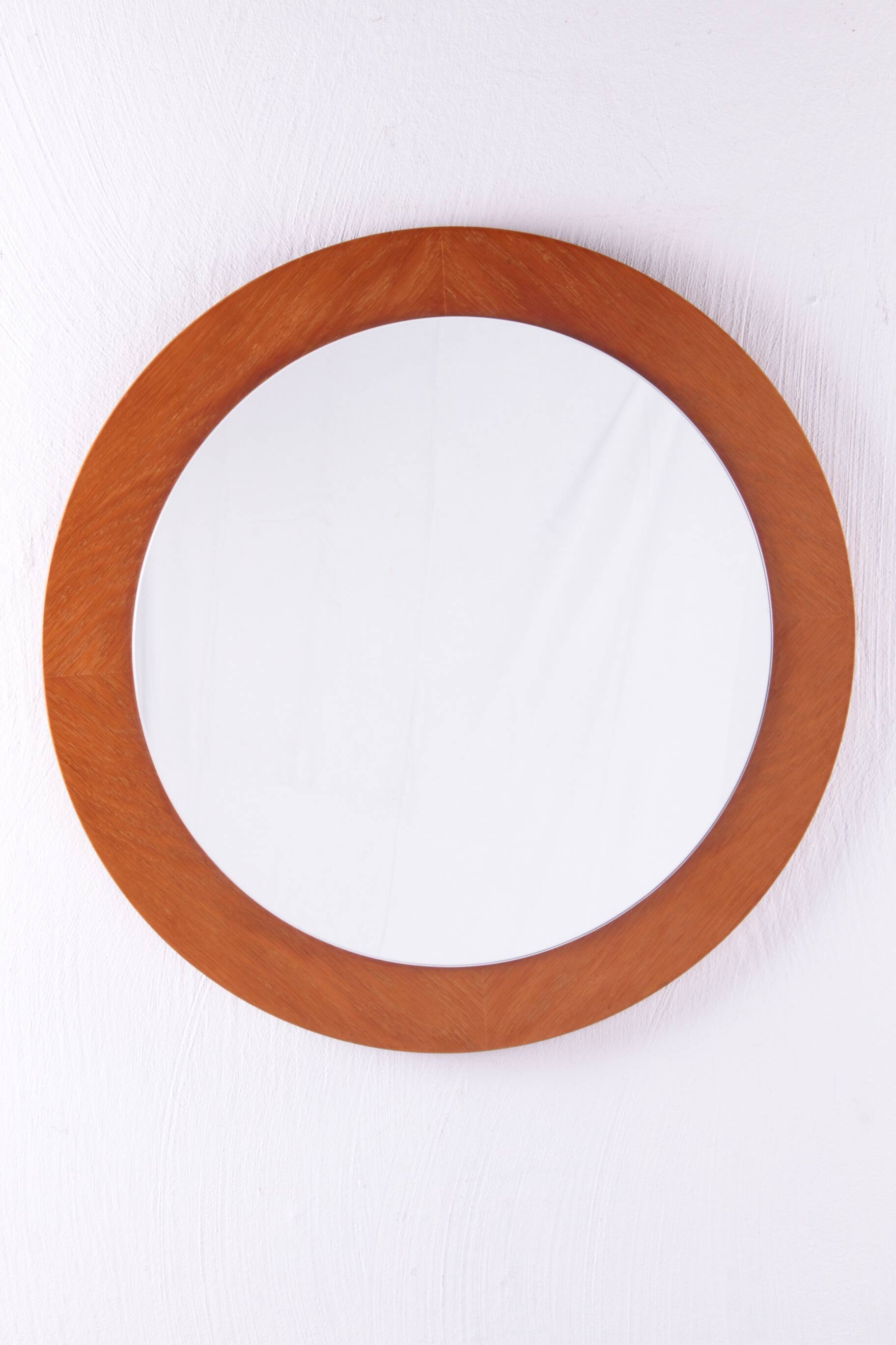 Vintage Large Round light wooden Wall Mirror, 1960s