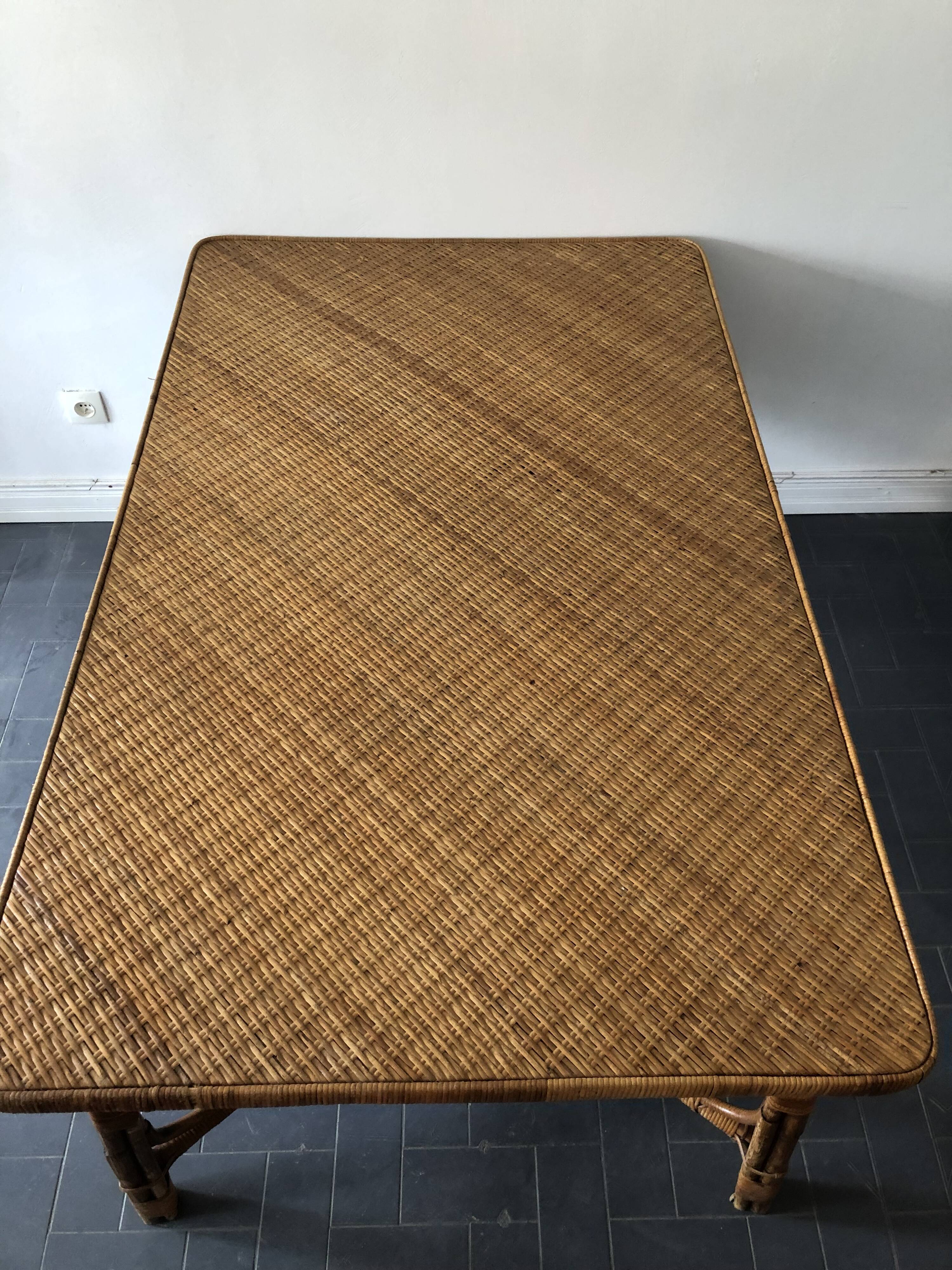 Vintage rattan table 6 people by Louis Sognot