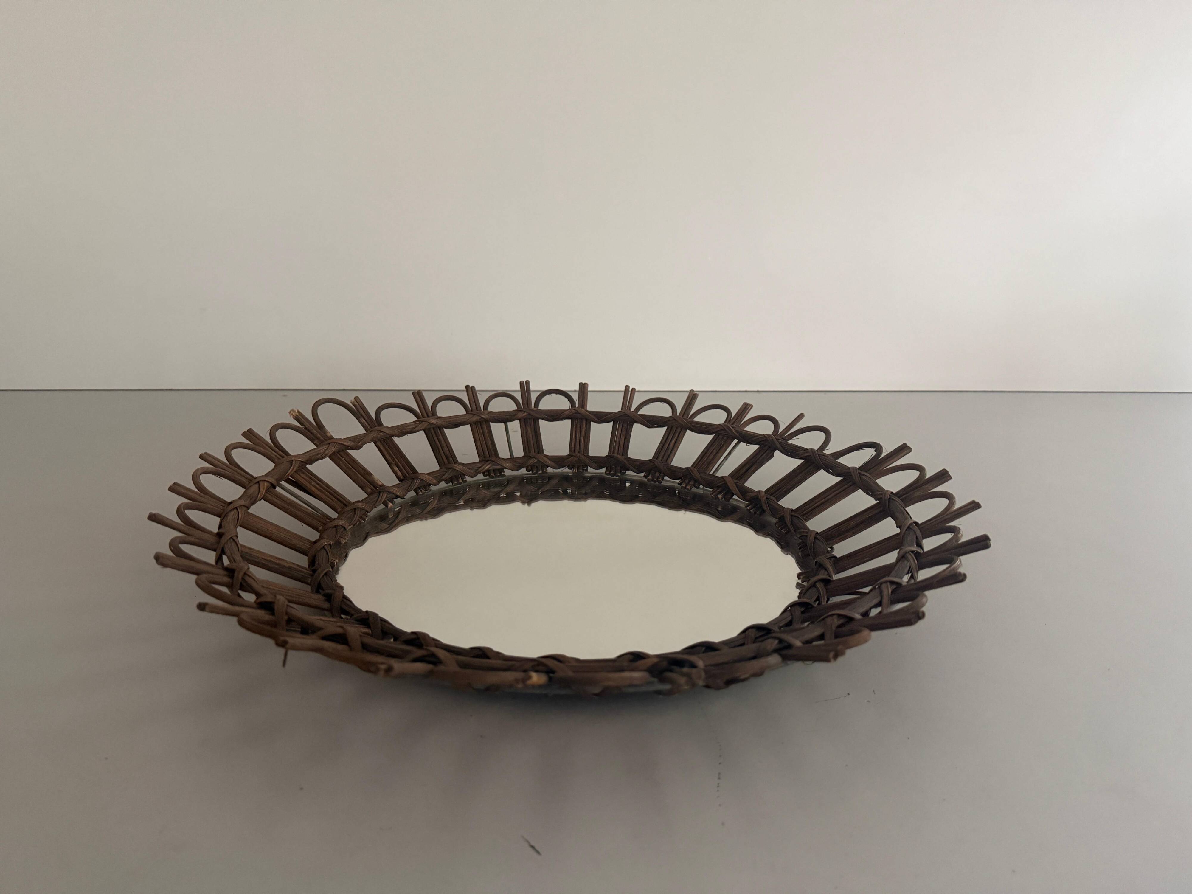 Round wall mirror with a modern mid-century wooden frame, 1960s, Germany.