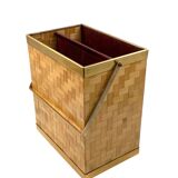 Hollywood regency brass and woven bamboo magazine rack, Metal Linea Nova Italy 1970