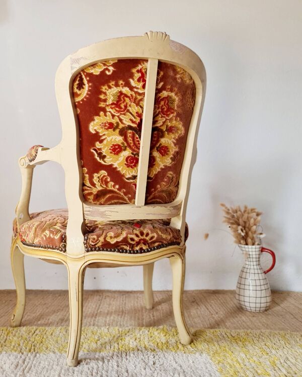 Fauteuil cabriolet de style Louis XV - assise velours fleurie