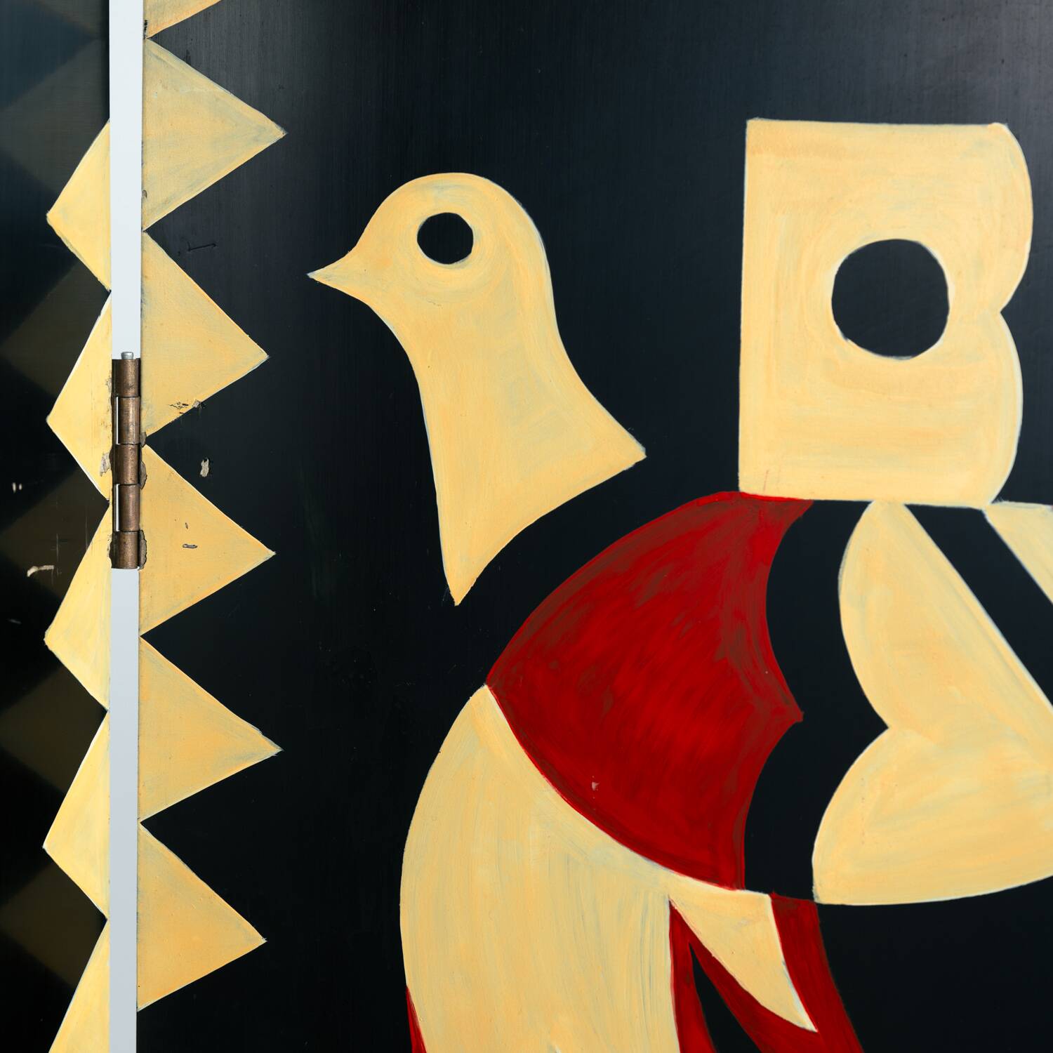Room divider in art deco style with birds, geometric patterns, red, yellow, blue