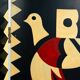 Room divider in art deco style with birds, geometric patterns, red, yellow, blue