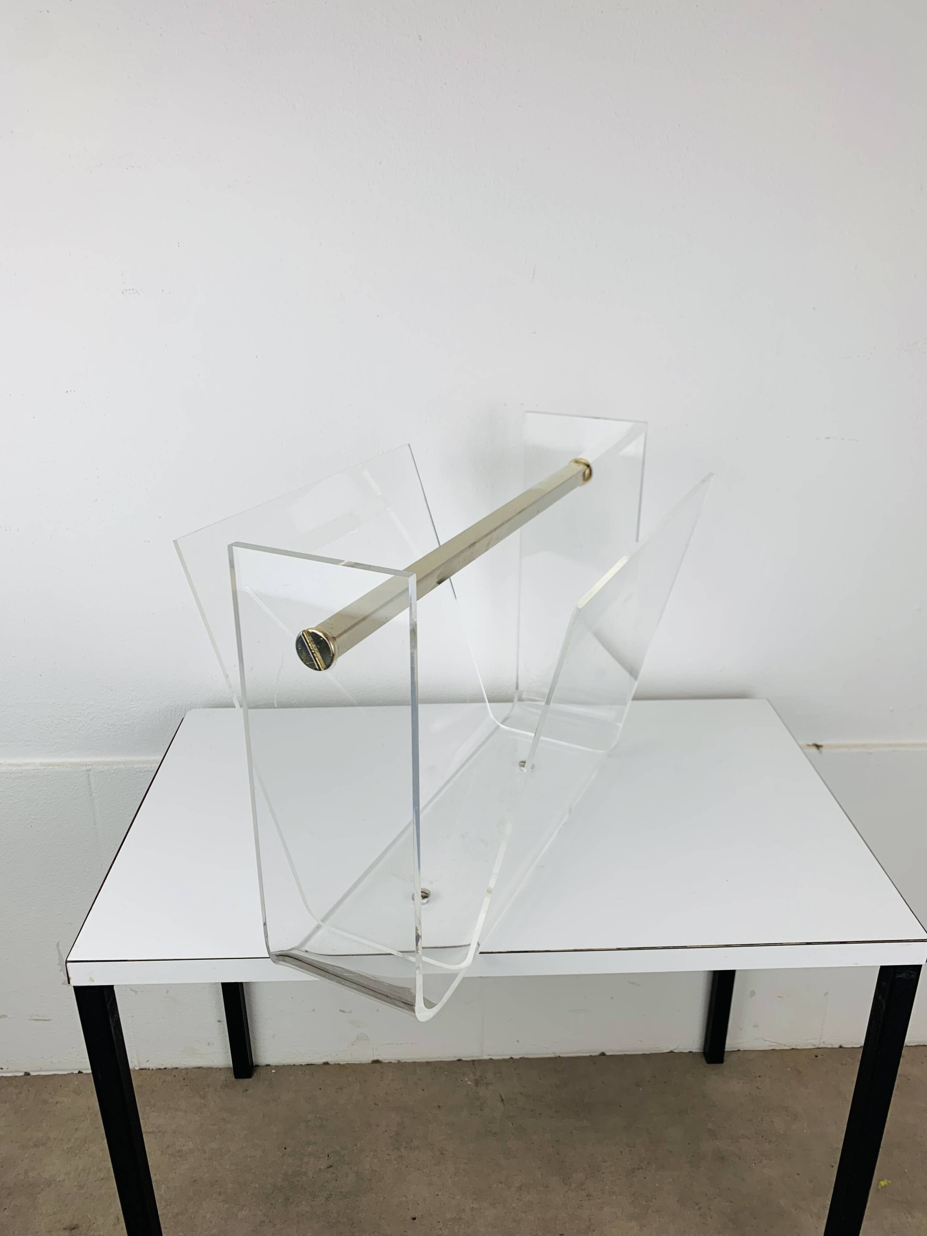 Plexiglas and brass magazine rack, David Lange, 1970s