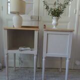 Pair of bedside tables, end tables re-enchanted in pearl gray, wooden top.
