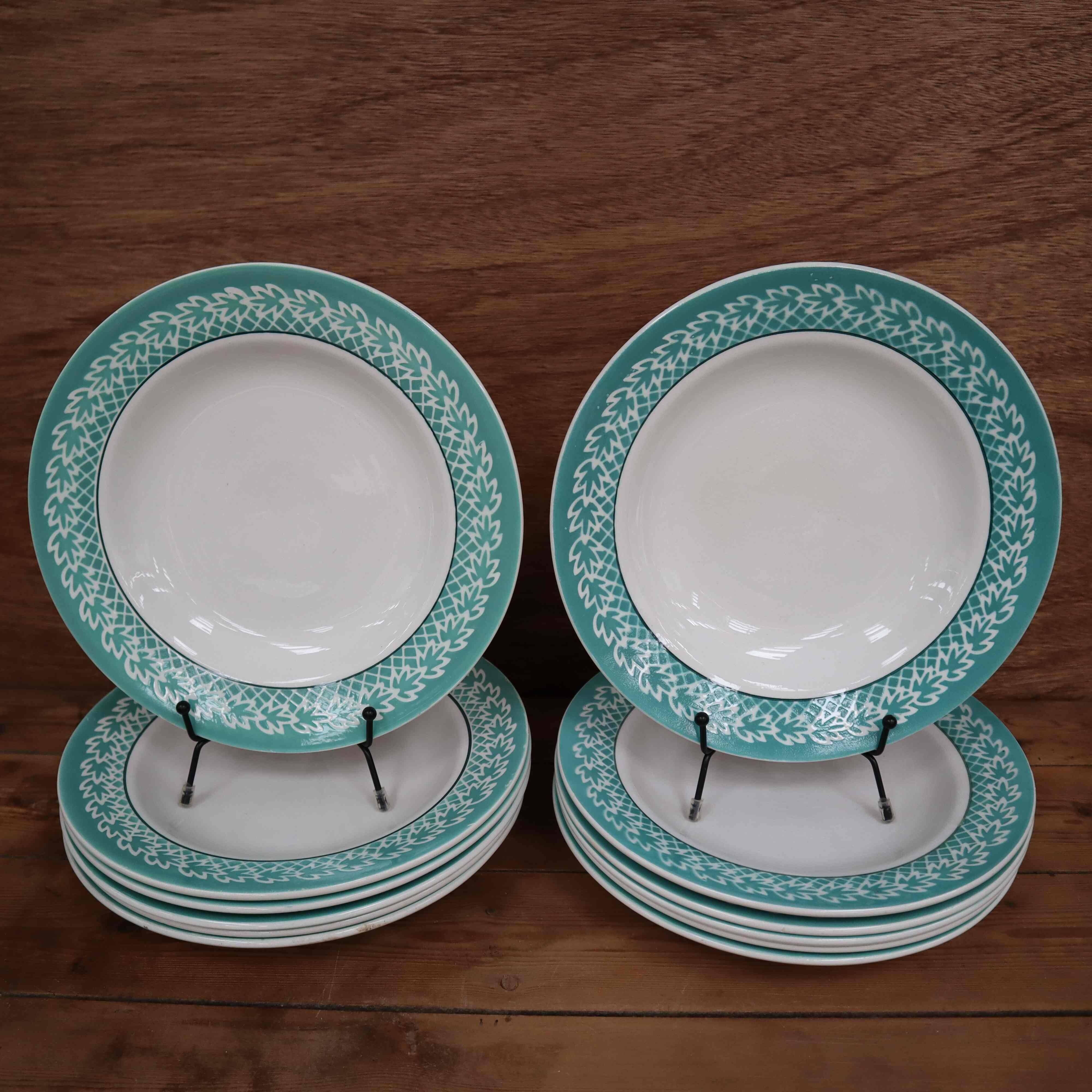 Set of 6 KIFO L'Amandinoise soup plates with green leaf decor