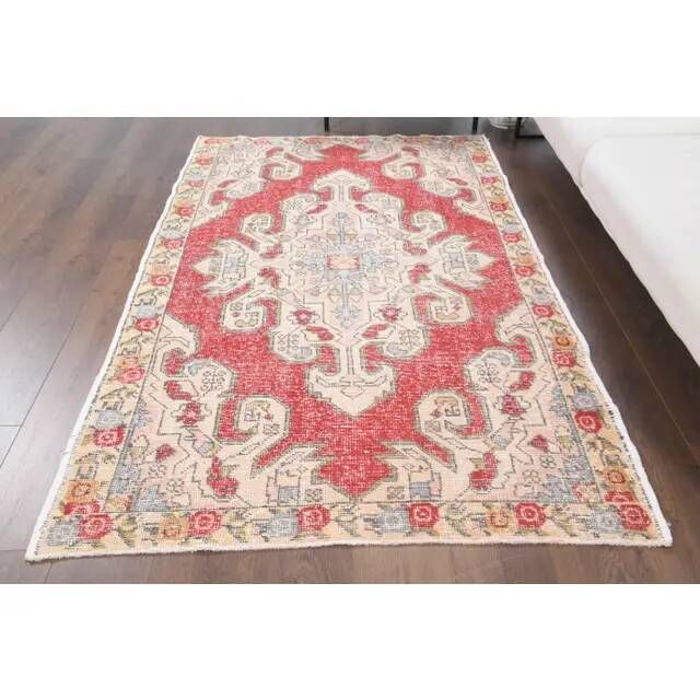 Vintage Turkish Oushak Handmade Wool Cotton Red Area Rug 127x209