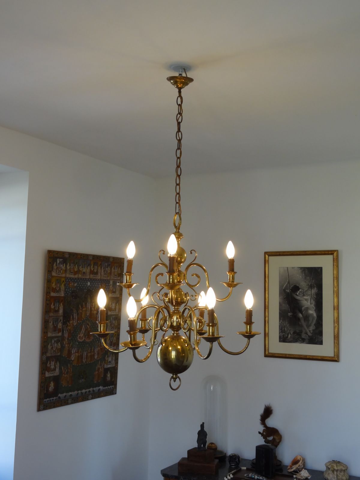 "Dutch" gold metal chandelier with 9 light arms - 1960
