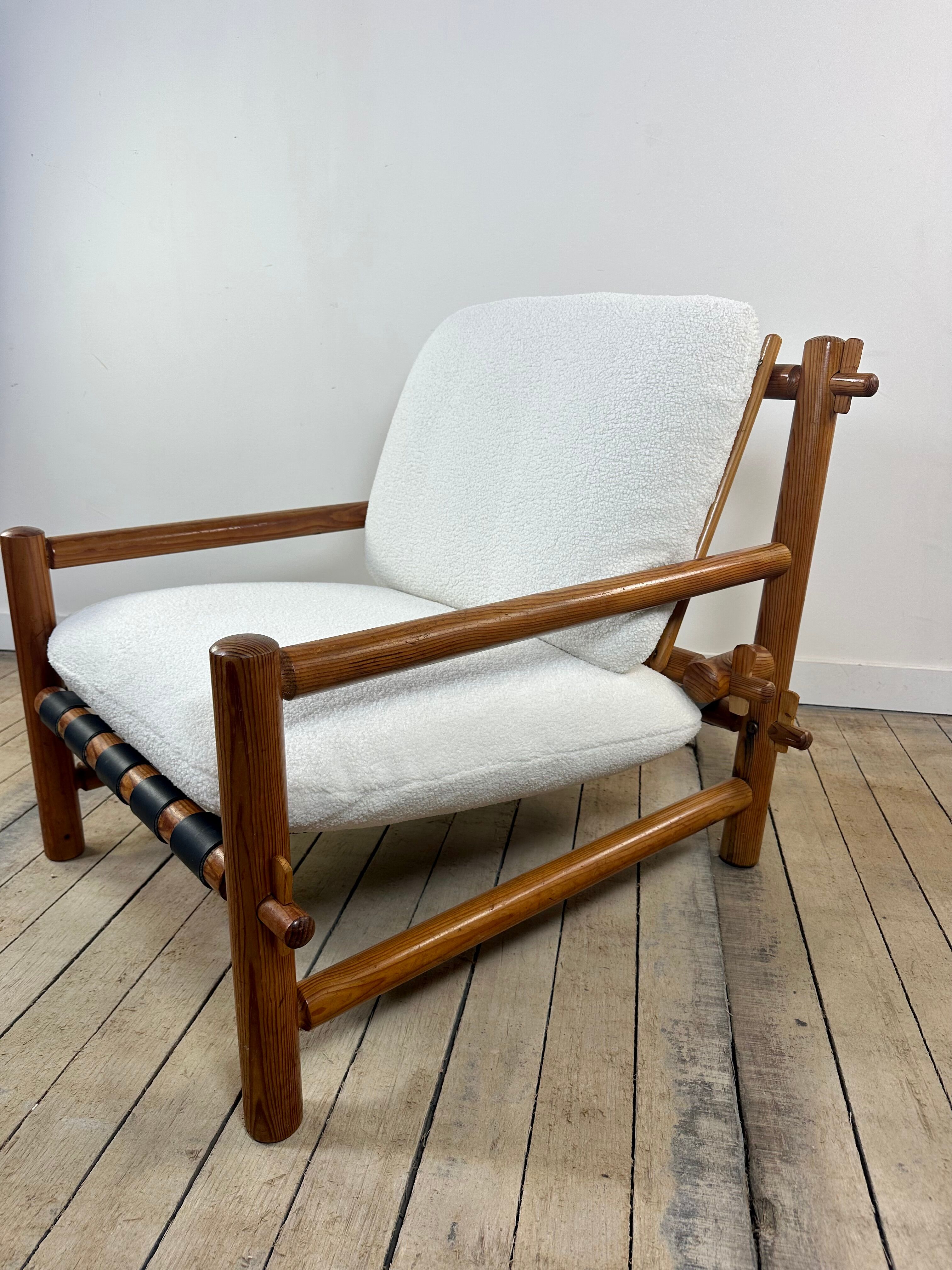 Vintage Lounge Armchair Solid Pine 1970 Boucle Fabric Ecru