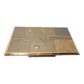 70s Brutalist Coffee Table in Brass, Bronze and Stone