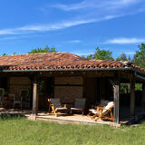 4 garden armchairs 1970 in pine and beige fabric