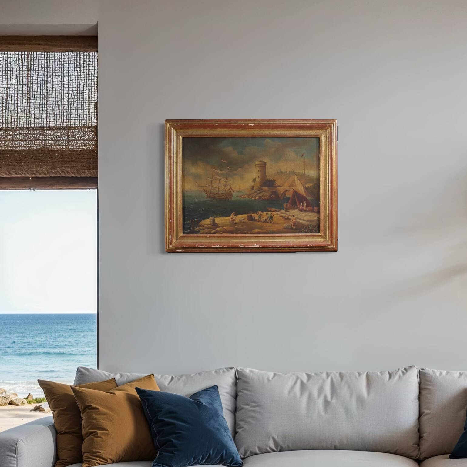 20th century Italian painting of a harbor view