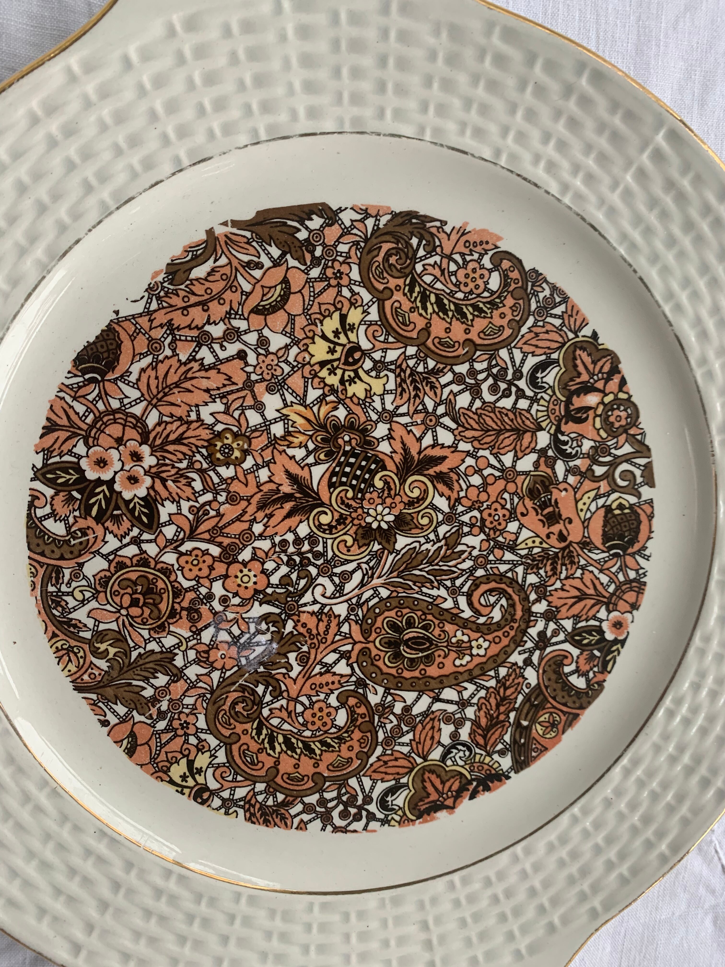 Plat à gâteaux en faïence motif cachemire vintage