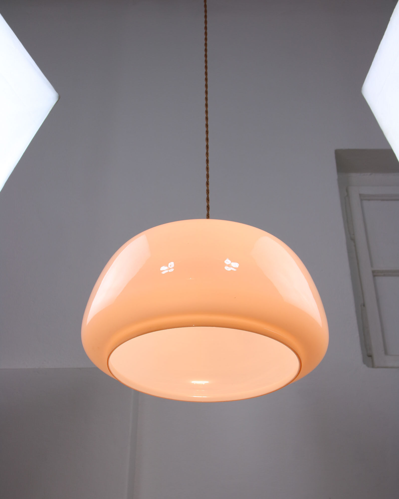 Mid-century Pink Glass & Brass Pendant Lamp