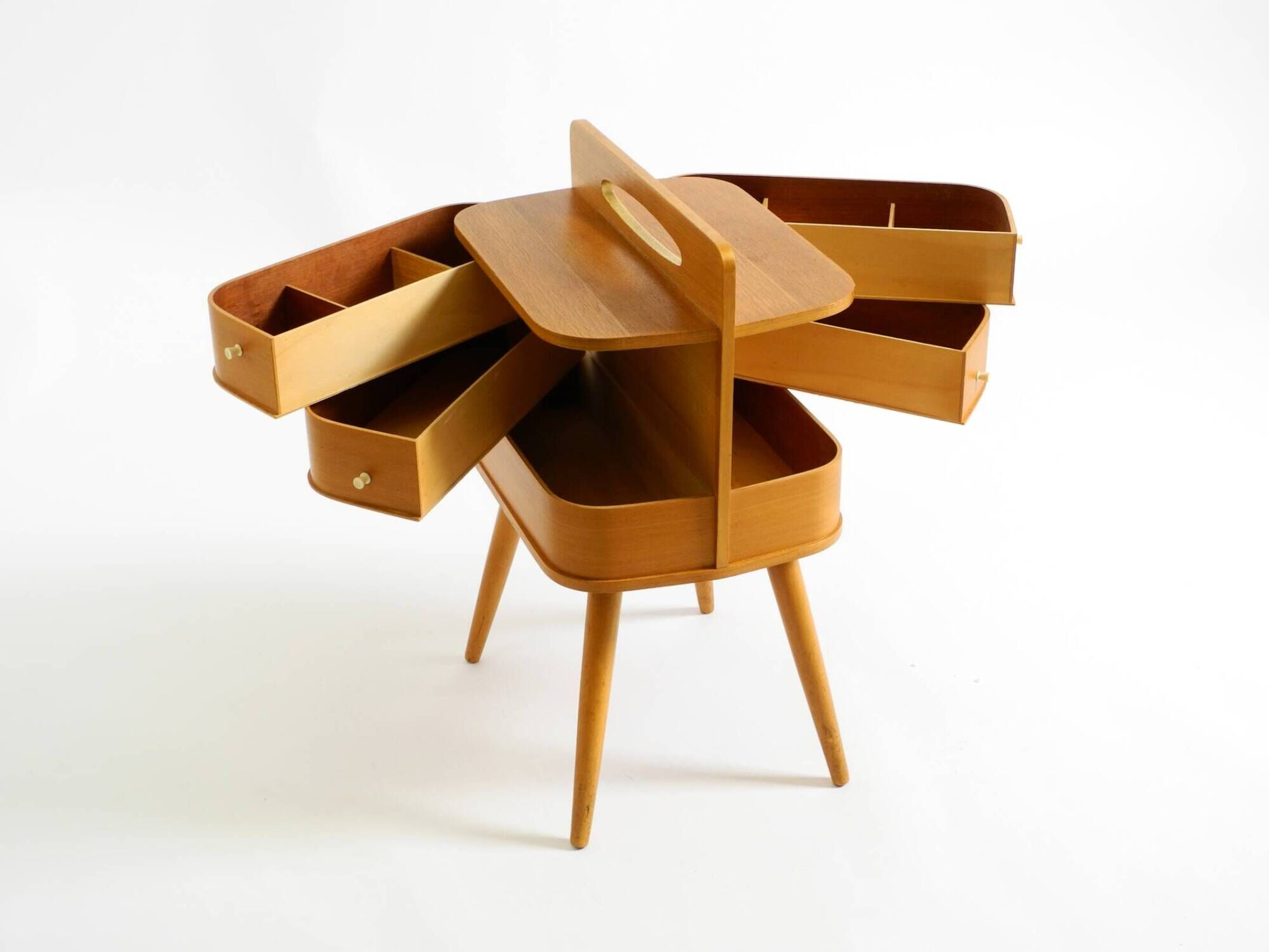 Beautiful original Mid Century teak sewing box with hinged compartments