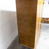 French wardrobe with tapered legs, 3 doors, 1 mirror (27*130), and 1 drawer.