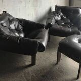 Mid-Century Brown Tufted Leather Armchairs & Ottoman in the Style of Percival Lafer, 1960s, Set of 3