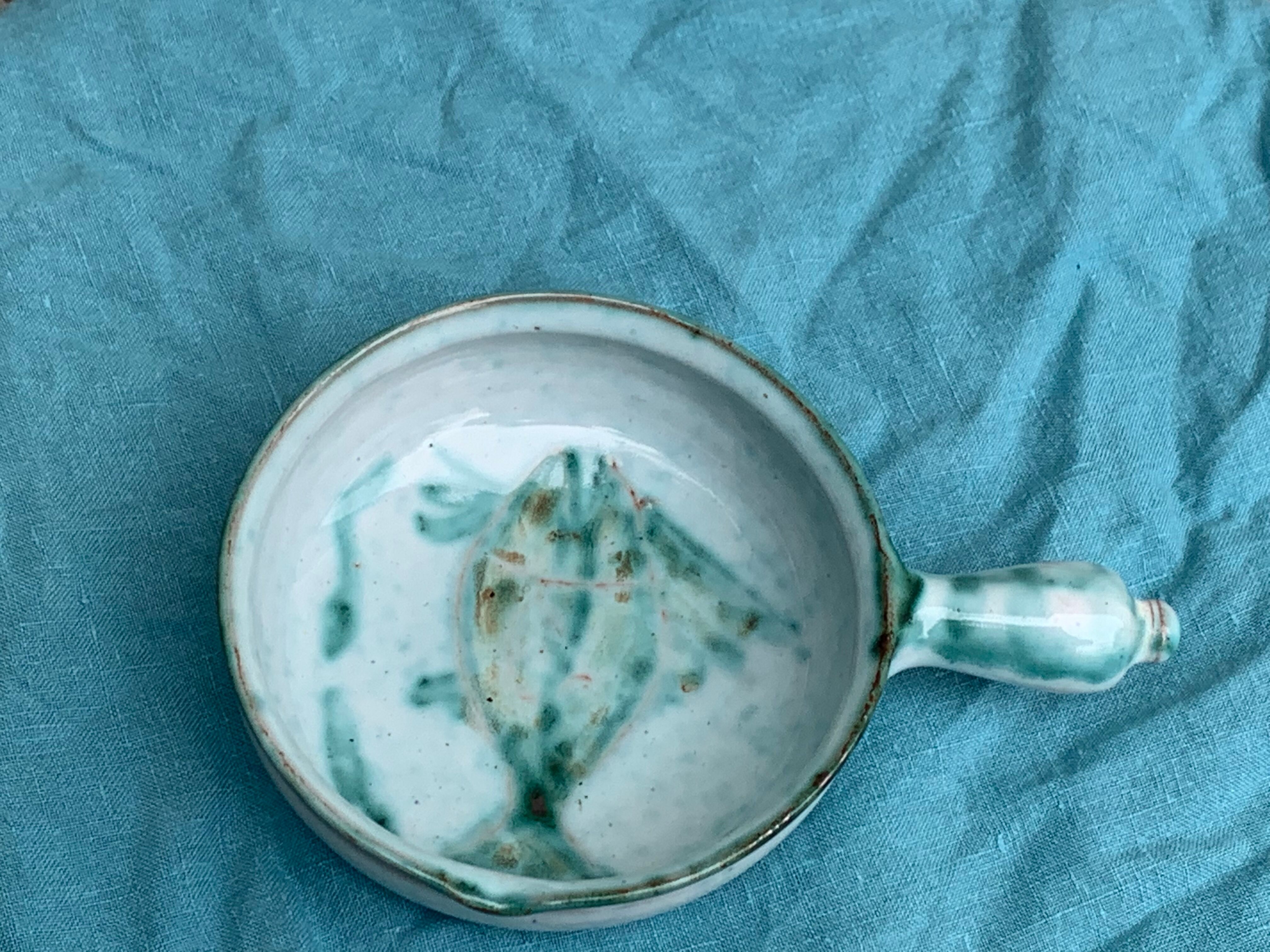 Caquelon, pan sign Humbert pittari vallauris model with blue glazed ceramic fish