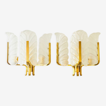 Pair Of Large Scandinavian Glass & Brass Leaf Wall Lights/Sconces By Carl Fagerlund, 1960s