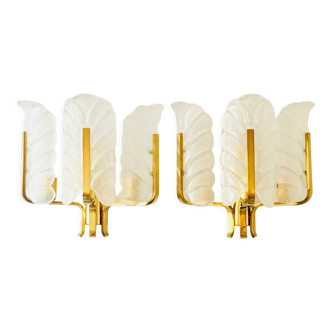 Pair Of Large Scandinavian Glass & Brass Leaf Wall Lights/Sconces By Carl Fagerlund, 1960s