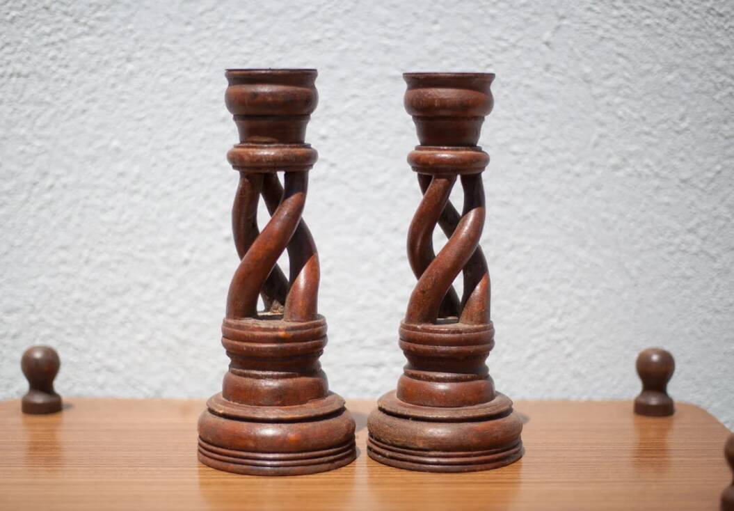 Pair of twisted wooden candle holders, wooden candle holders, carved wood, wooden candle holders, interior decoration