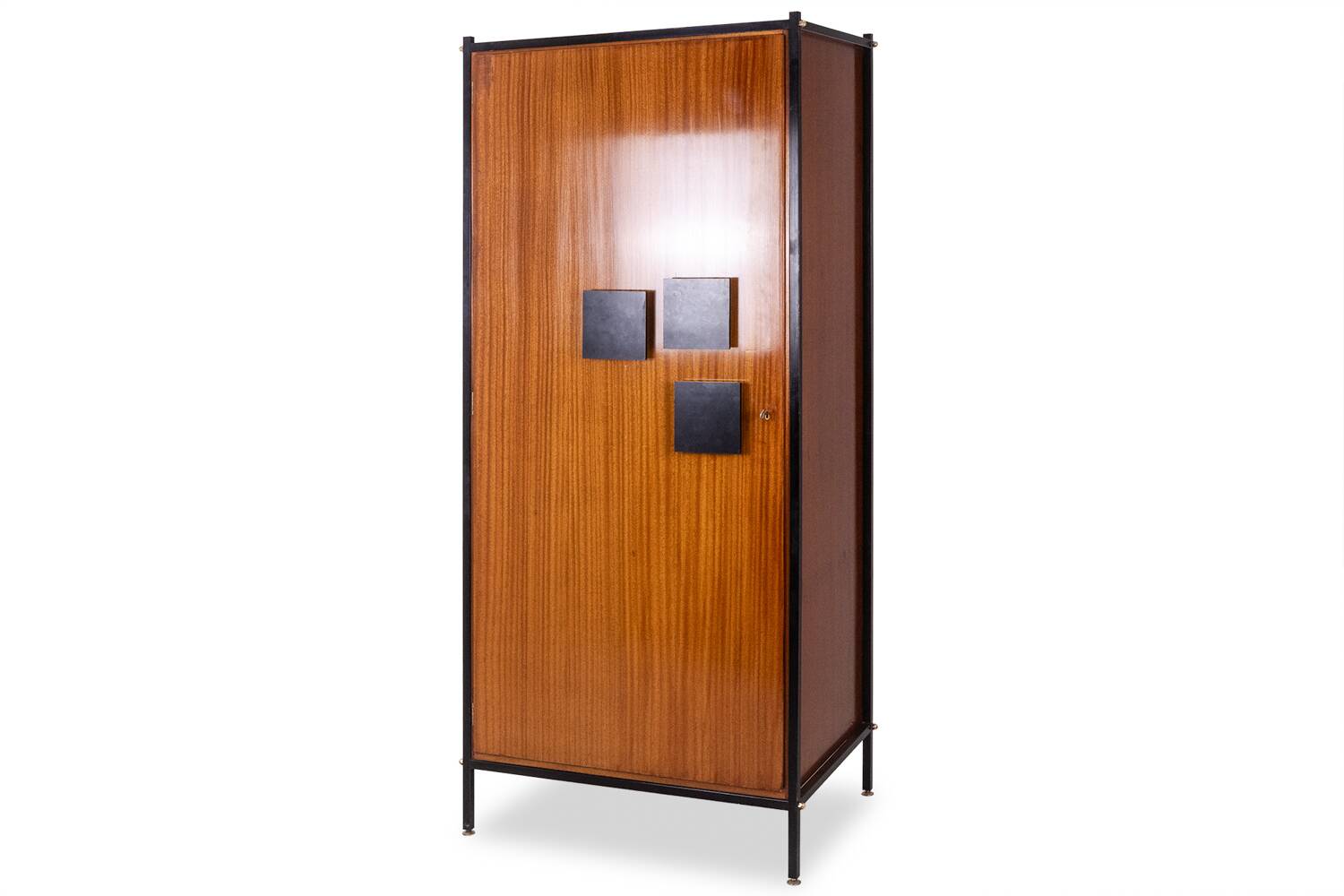 Pair of mahogany veneer and black lacquered iron cabinets. 1950s.