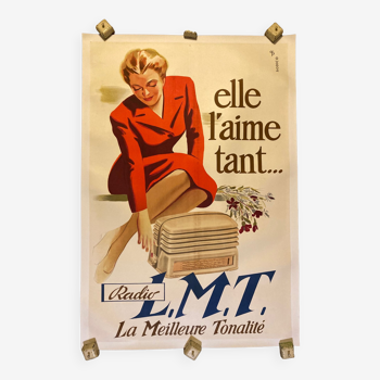 Affiche lmt radio "elle aime tant" litho ancienne et originale entoilage récent