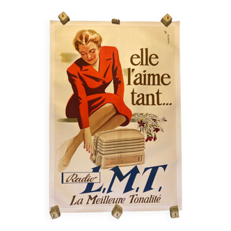 Affiche lmt radio "elle aime tant" litho ancienne et originale entoilage récent