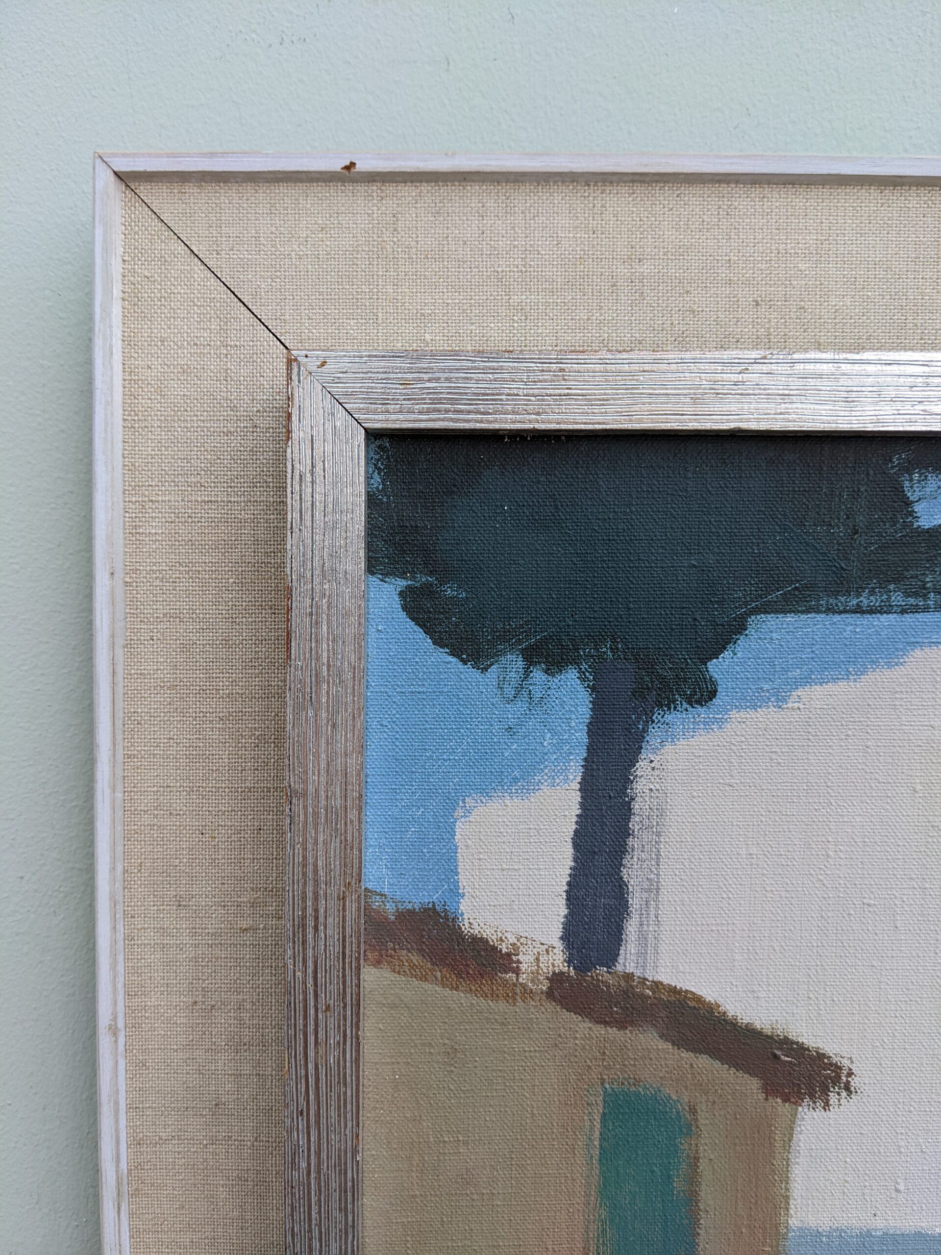 Mid-Century Modern "Charming Town" Vintage Swedish Street Scene Oil Painting, Framed