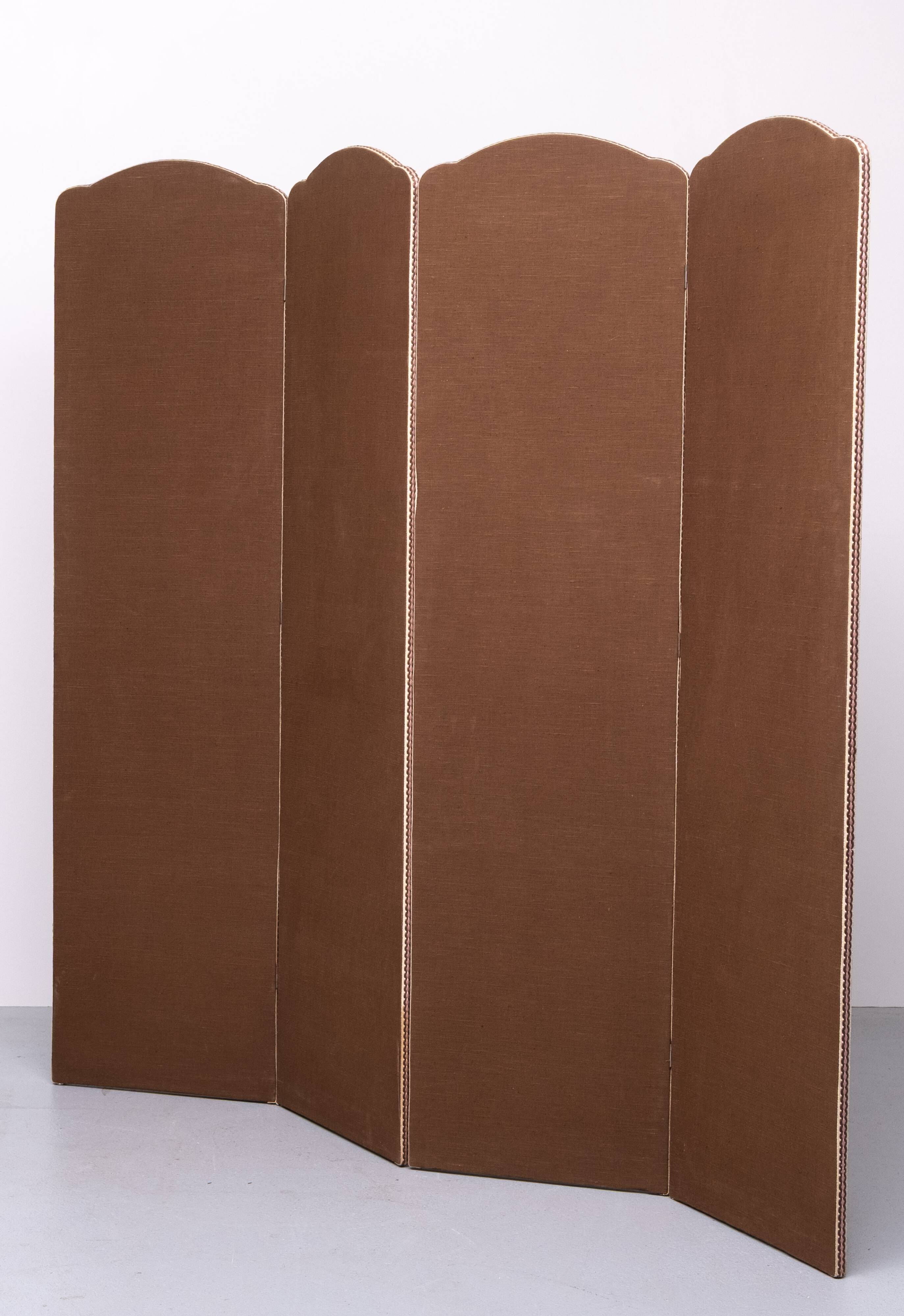 4 parts Brown Linen Fabric Room Divider 1970s Holland