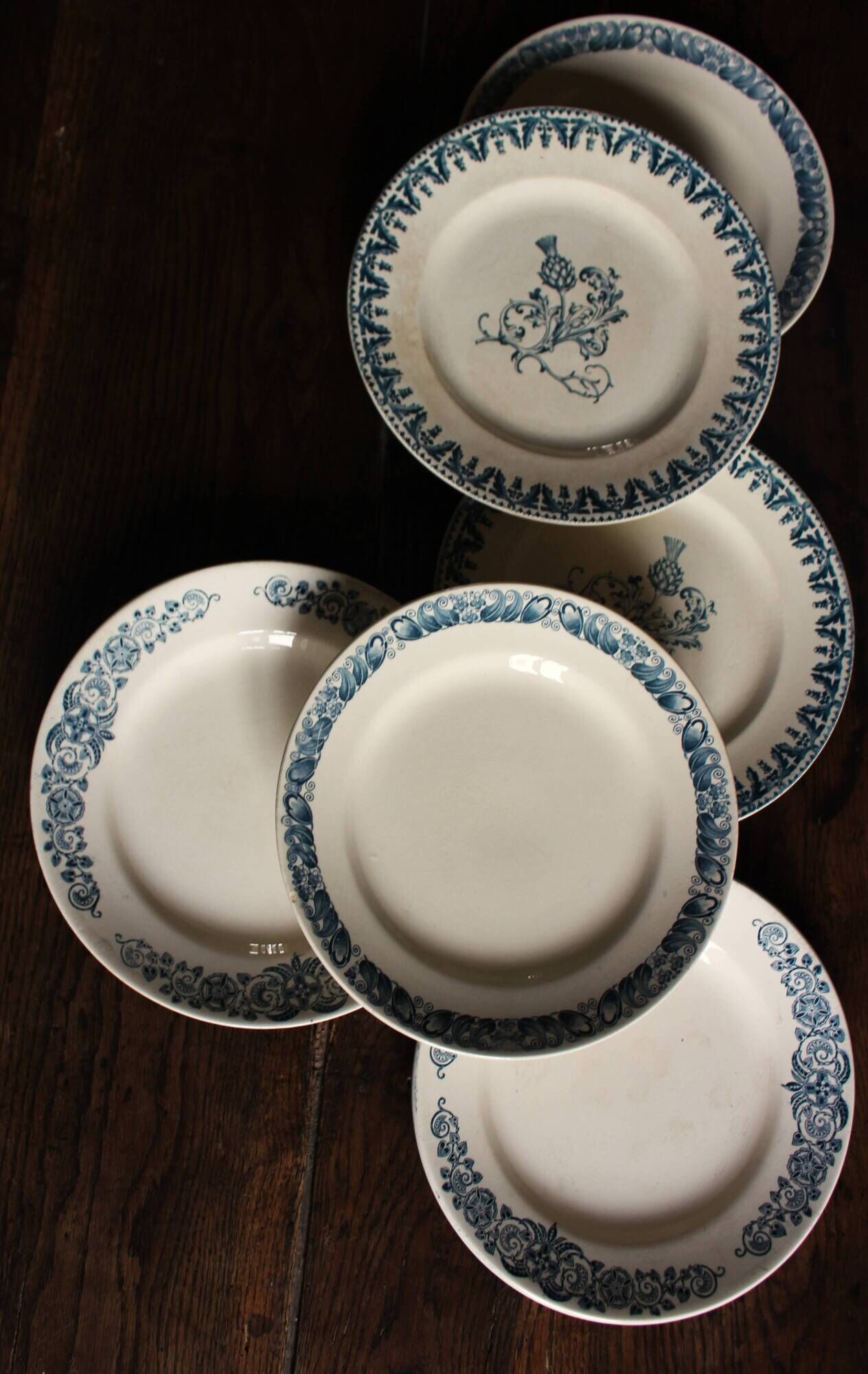 6 mismatched flat plates Terre de fer bleu Alésia Marcel Longchamp