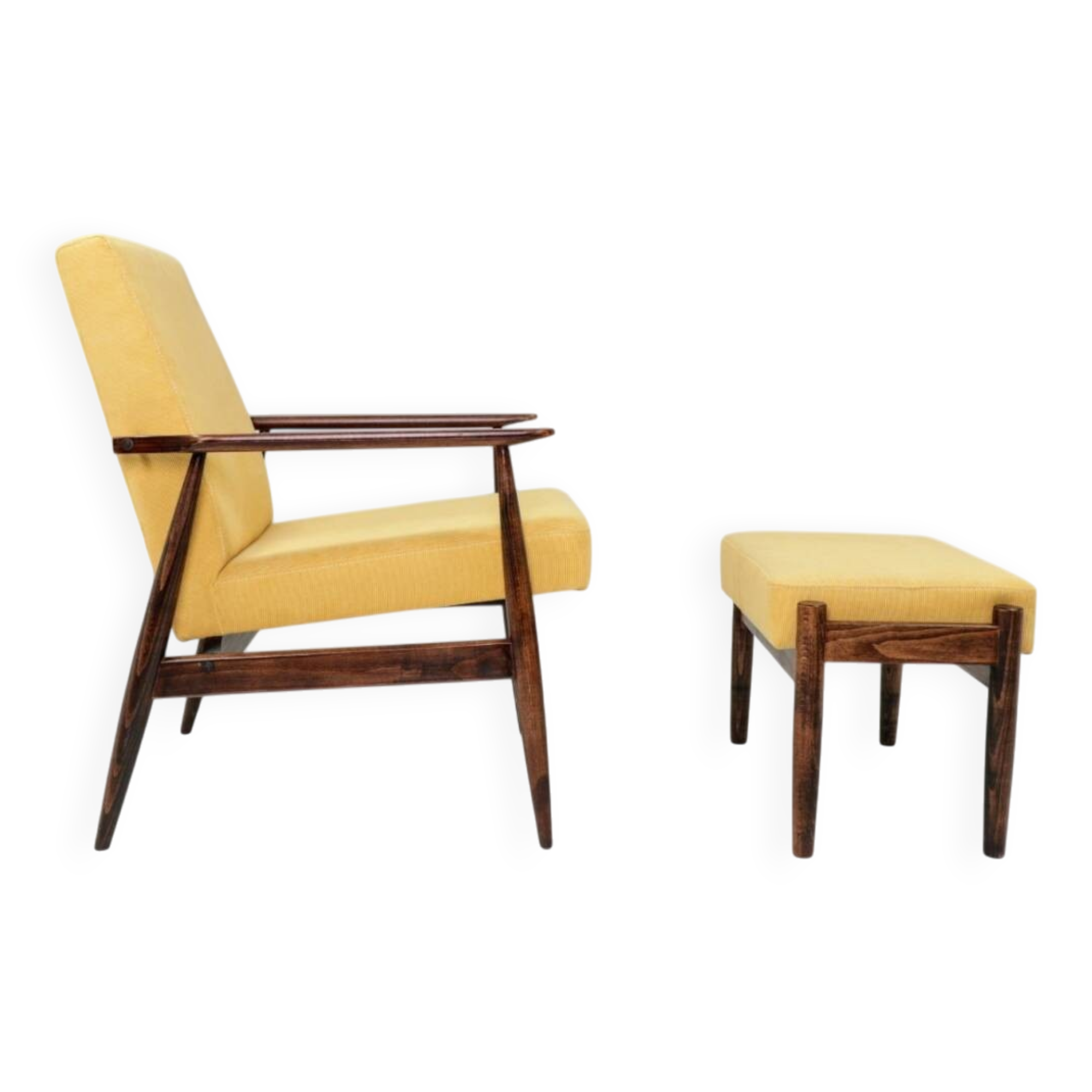 Fauteuil vintage pastel jaune velours côtelé et repose - pieds