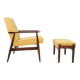 Fauteuil vintage pastel jaune velours côtelé et repose - pieds