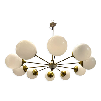 Lustre spoutnik en verre opalin avec 10 lumières, années 1960