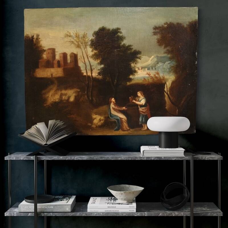 Antique Spanish painting of Jesus and the Samaritan woman at the well