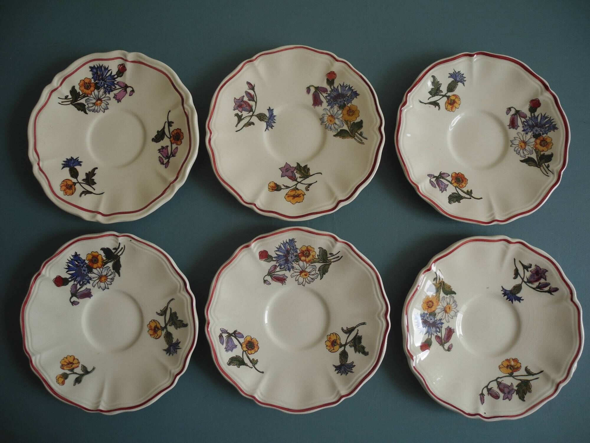 set of 6 Sarreguemines Agreste art table antique french cups plates
