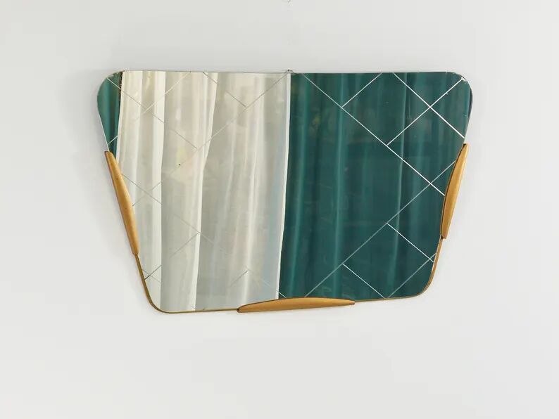 Large Trapezoidal Golden Wall Mirror With Engraved Diamond Pattern, Austria, 1950s
