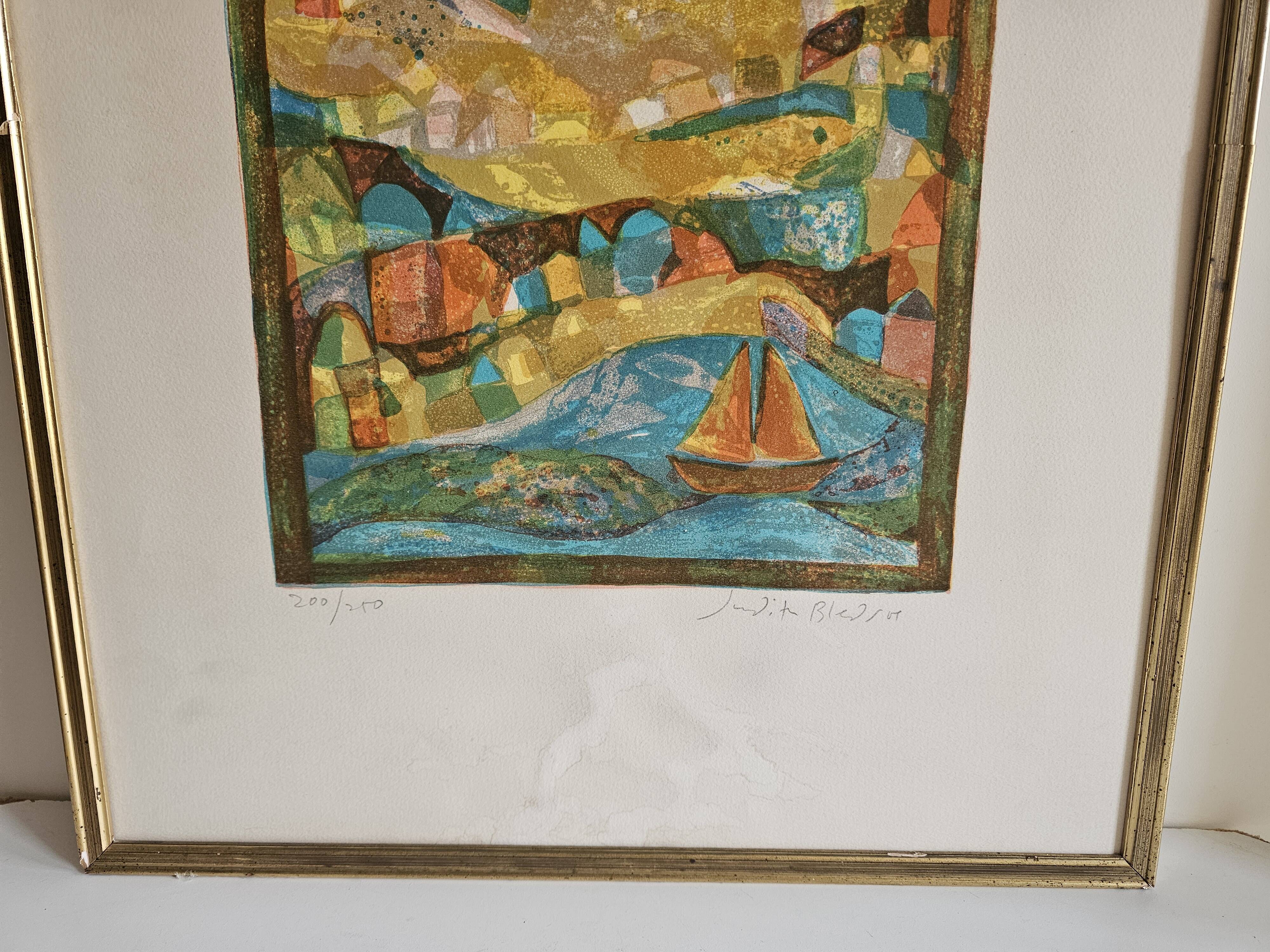 Lithographic table stylised figurative composition sailing boat Judith Bledsoe