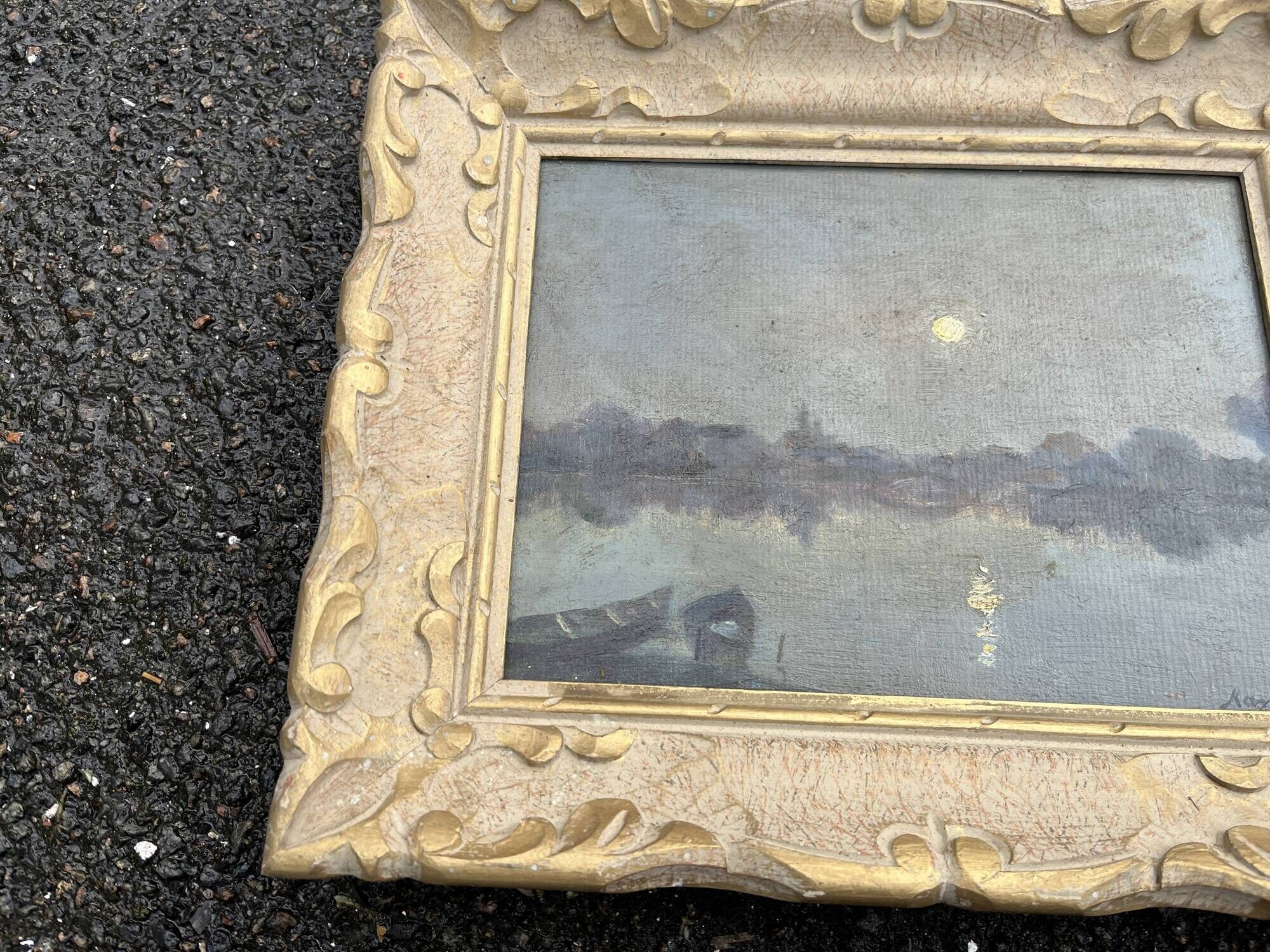 Antique Painting - Night Landscape by the Water and Golden Frame