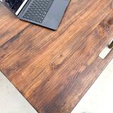 Solid pine workbench, grooved top, satin brown finish.