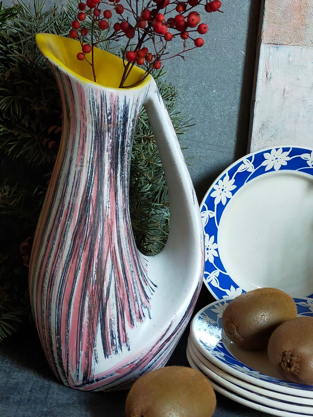 Free-form ceramic vase by R. Dupanier with abstract decoration from the 50s