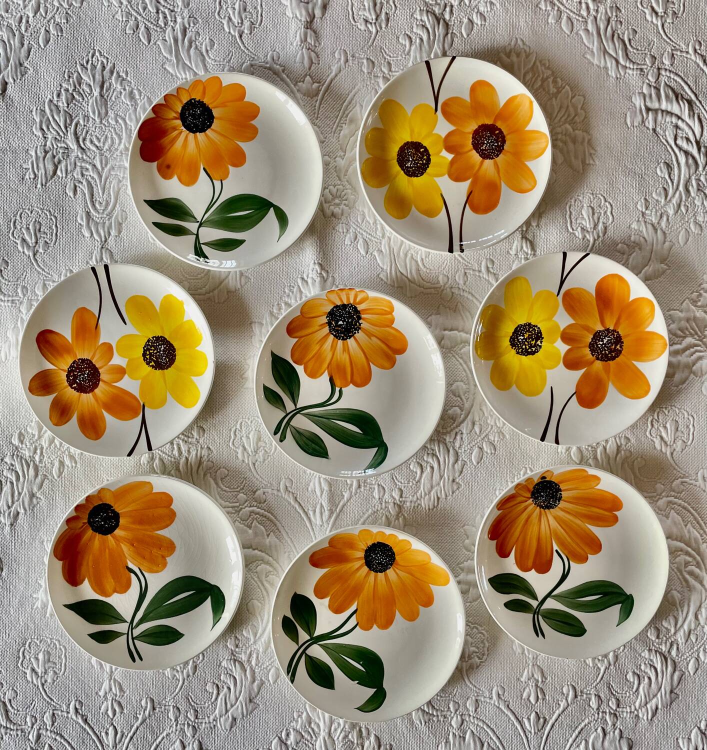 8 Assiettes à dessert Gien Fleurs peintes à la main Orange Vintage Année 70