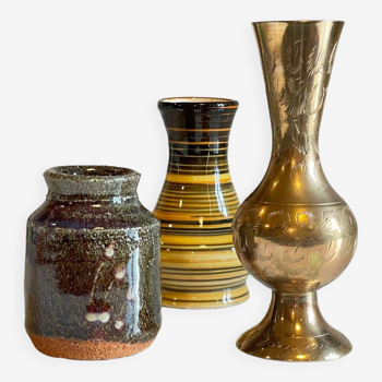 Vintage stoneware and brass vases