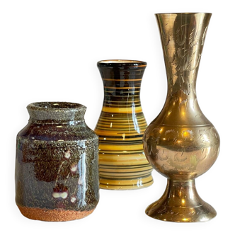 Vintage stoneware and brass vases