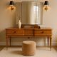 Art Deco dressing table with a triptych mirror in blonde maple and briar burl.