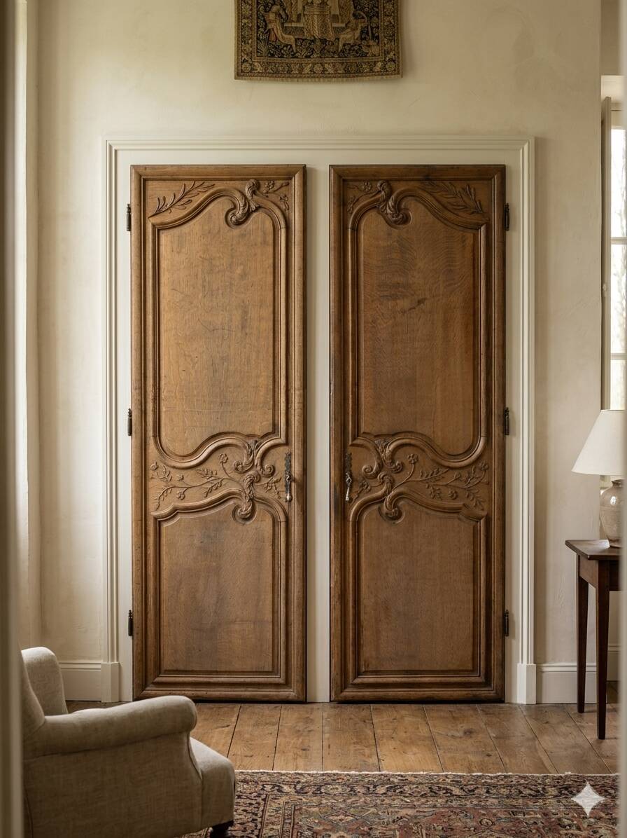 Pair of solid oak wardrobe doors from the 19th century.