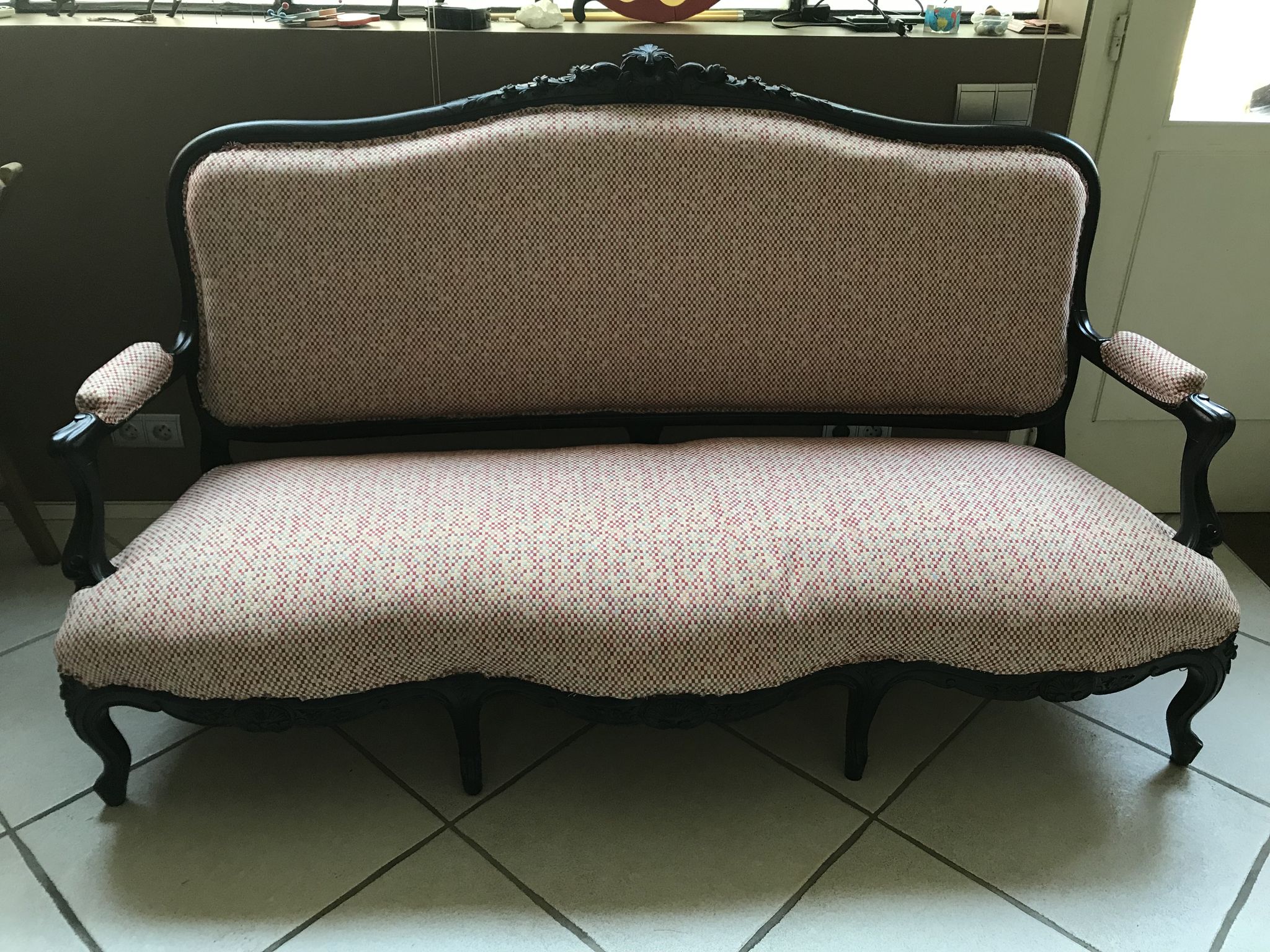 Sofa bench Louis Philippe Napoleon III, redesigned Nobilis fabric, country style